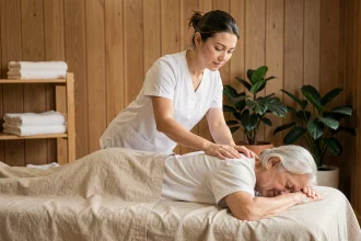 Masseuse professionnelle effectuant un massage du dos sur une senior allongée sur une table de massage dans un espace de bien-être chaleureux