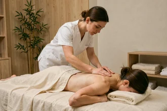 Masseuse professionnelle effectuant un massage du dos sur une cliente dans un spa au décor naturel et apaisant