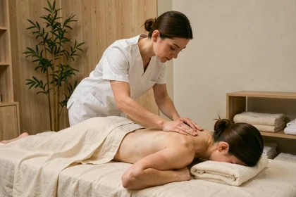 Masseuse professionnelle effectuant un massage du dos sur une cliente dans un spa au décor naturel et apaisant