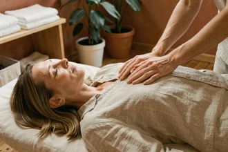 Praticienne réalisant un massage énergétique abdominal sur une femme détendue allongée sur une table de soin en studio de bien-être