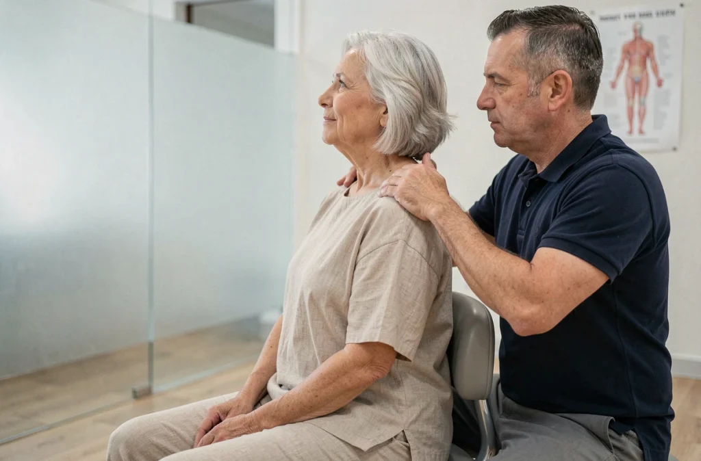 Femme senior de 68 ans recevant un massage des épaules et du cou dans une clinique de physiothérapie pour améliorer sa mobilité