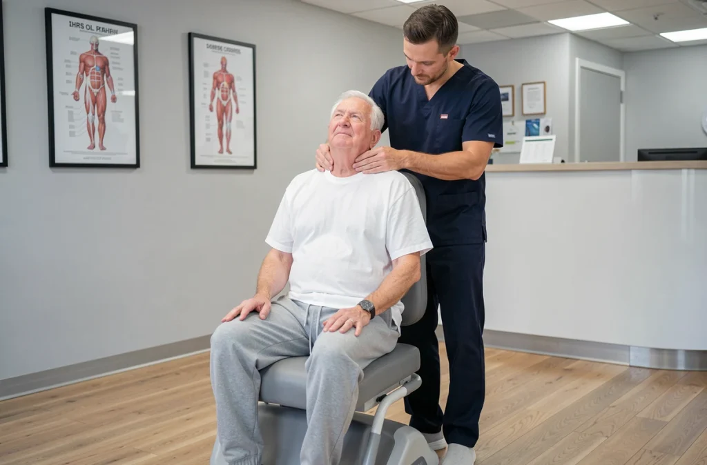 Kinésithérapeute masculin massant les épaules d'un homme senior assis dans une clinique de physiothérapie moderne