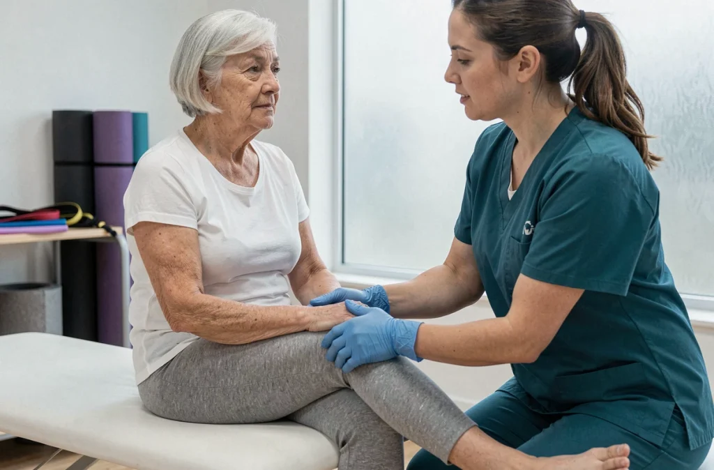 Physiothérapeute massant le genou d'une femme âgée pour soulager les douleurs articulaires en cabinet de kinésithérapie