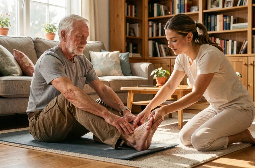 Homme âgé de 72 ans recevant un massage des pieds et des jambes à domicile sur un tapis de yoga, favorisant la mobilité articulaire après 65 ans