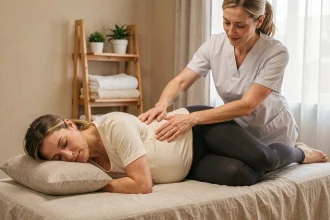 Femme enceinte recevant un massage prénatal pour soulager les douleurs lombaires dans un cabinet de bien-être