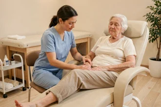 Physiothérapeute massant le mollet d'une femme âgée dans un cabinet de rééducation pour prévenir les chutes