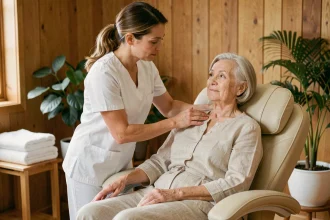 Masseuse professionnelle réalisant un massage des épaules sur une femme âgée dans un studio de bien-être en bois chaleureux