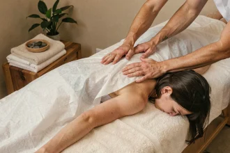 Femme recevant un massage thérapeutique du dos dans un spa bien-être pour favoriser la perte de poids durable