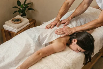 Femme recevant un massage thérapeutique du dos dans un spa bien-être pour favoriser la perte de poids durable