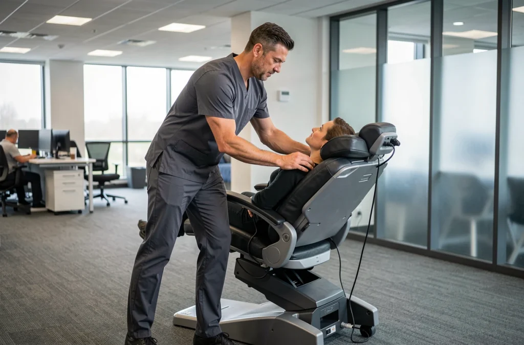 Masseur en entreprise démontrant une posture corporelle correcte lors d'un soin sur chaise ergonomique en milieu professionnel