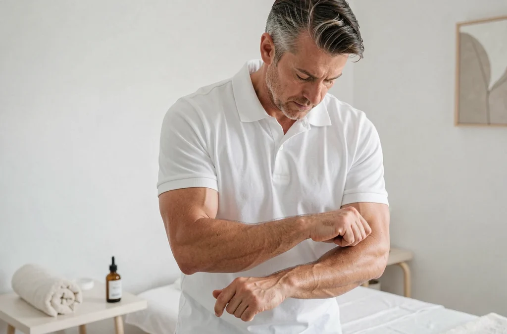 Masseur effectuant des étirements préventifs des poignets entre deux séances pour éviter les troubles musculo-squelettiques