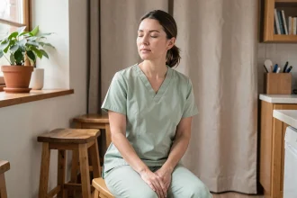 Masseuse en pause dans une salle de repos, pratiquant un moment de récupération pour prévenir l'épuisement professionnel