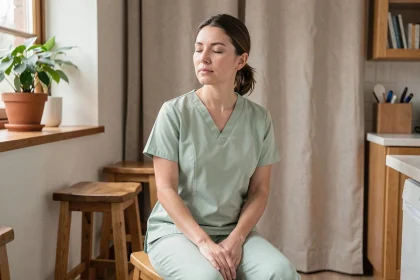 Masseuse en pause dans une salle de repos, pratiquant un moment de récupération pour prévenir l'épuisement professionnel