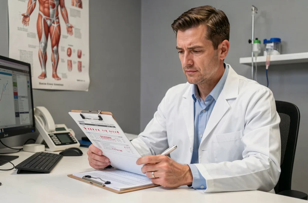 Médecin examinant des résultats d'analyses sanguines liés à une carence en fer lors d'une consultation médicale