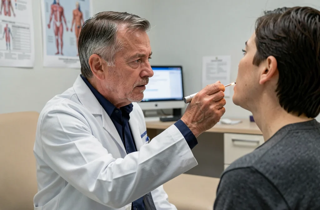 Médecin examinant un patient dans un cabinet médical pour diagnostiquer des complications post-infectieuses