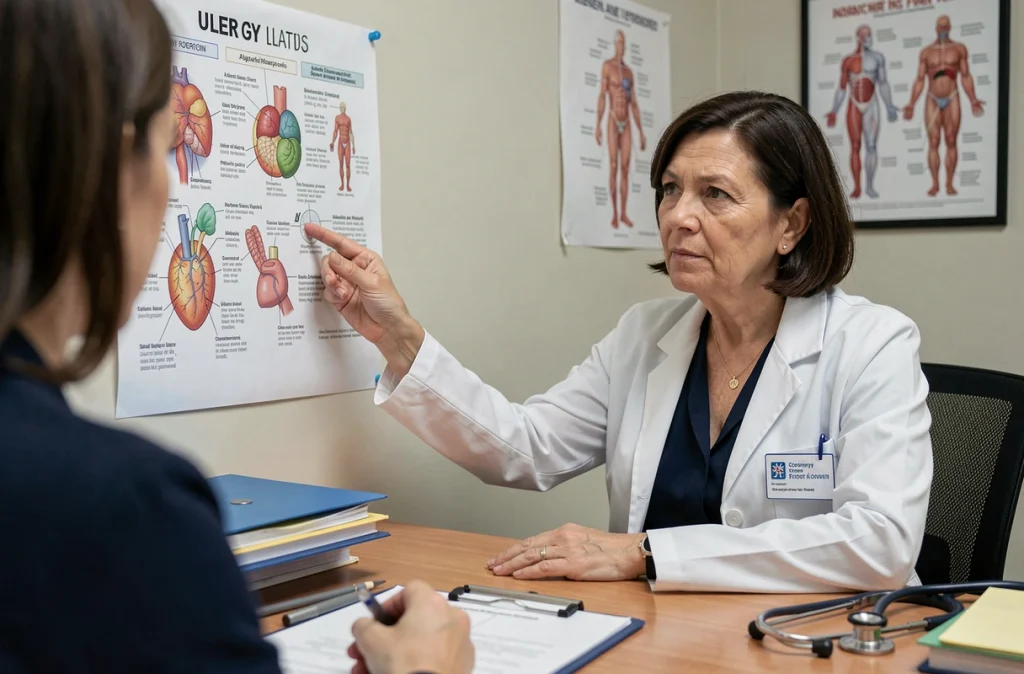 Médecin expliquant un diagnostic d'allergie chronique à un patient dans un cabinet médical avec un tableau illustratif