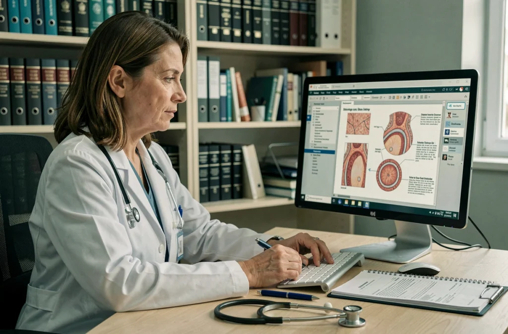 Médecin gynécologue consultant un rapport de colposcopie sur ordinateur, évoquant le diagnostic et le suivi du HPV et des lésions cervicales de haut grade