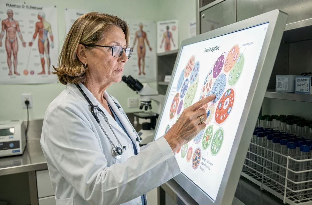 Médecin examinant des diagrammes du système immunitaire en laboratoire, illustrant la recherche sur le stress chronique et ses effets biologiques
