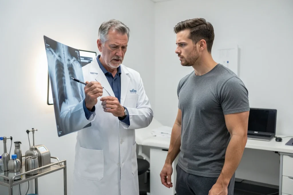 Médecin expliquant une radio thoracique à un patient sportif dans un cabinet médical, consultation sur une côte déplacée avant reprise sportive