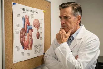 Médecin examinant un schéma anatomique des organes vitaux affectés par l'hypertension artérielle