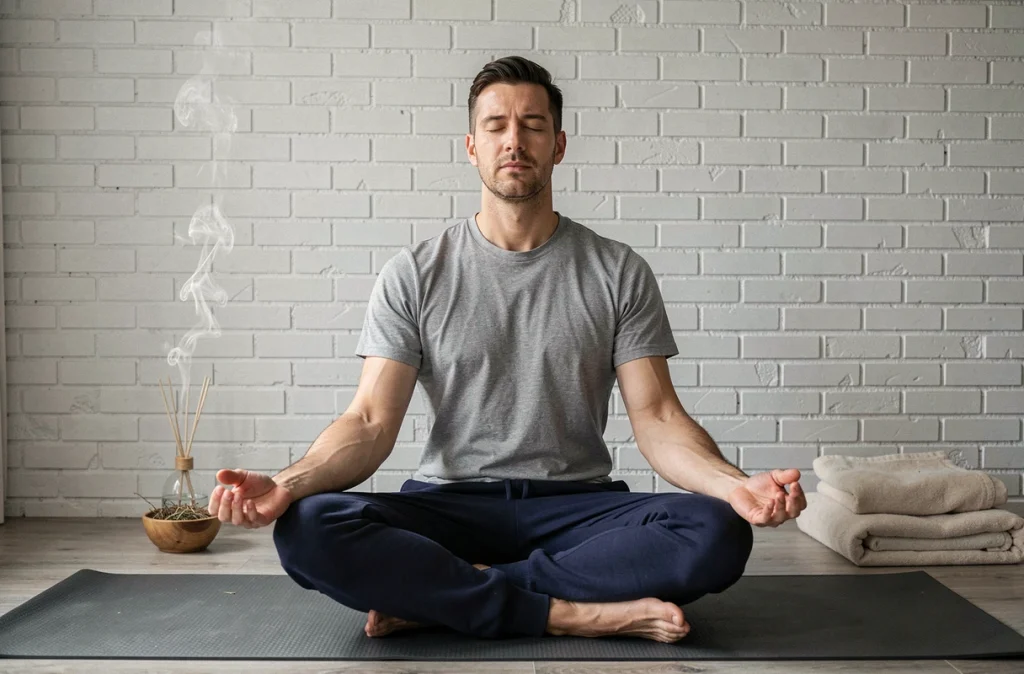 Homme en posture de méditation sur un tapis de yoga après une séance de massage énergétique pour réguler l'appétit
