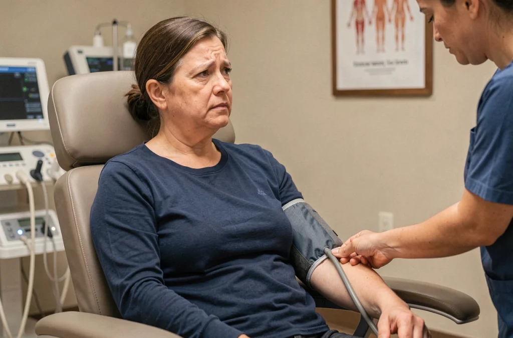 Mesure de la tension artérielle chez une patiente lors d'une consultation de cardiologie