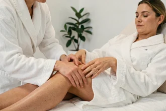 Femme recevant un massage palper-rouler sur la cuisse dans un centre de bien-être moderne