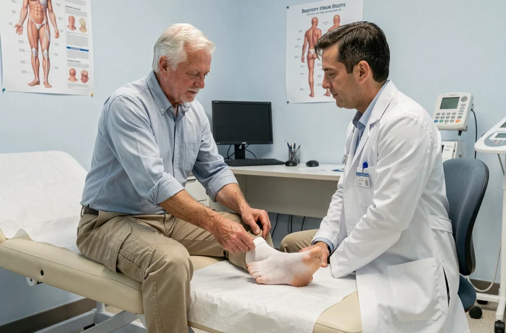 Patient âgé retirant sa chaussette lors d'une consultation médicale pour des douleurs et brûlures aux pieds