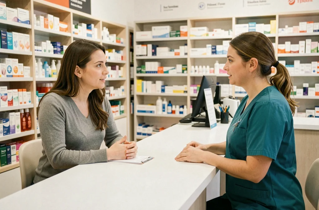 Femme échangeant avec une pharmacienne sur des produits hydratants et lubrifiants adaptés aux soins intimes post-opératoires