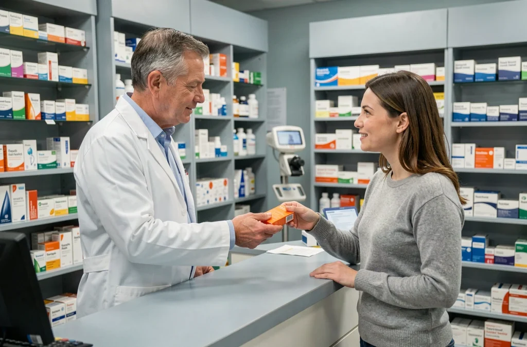 Pharmacien remettant une boîte de probiotiques ULTRA Levure à une patiente en pharmacie