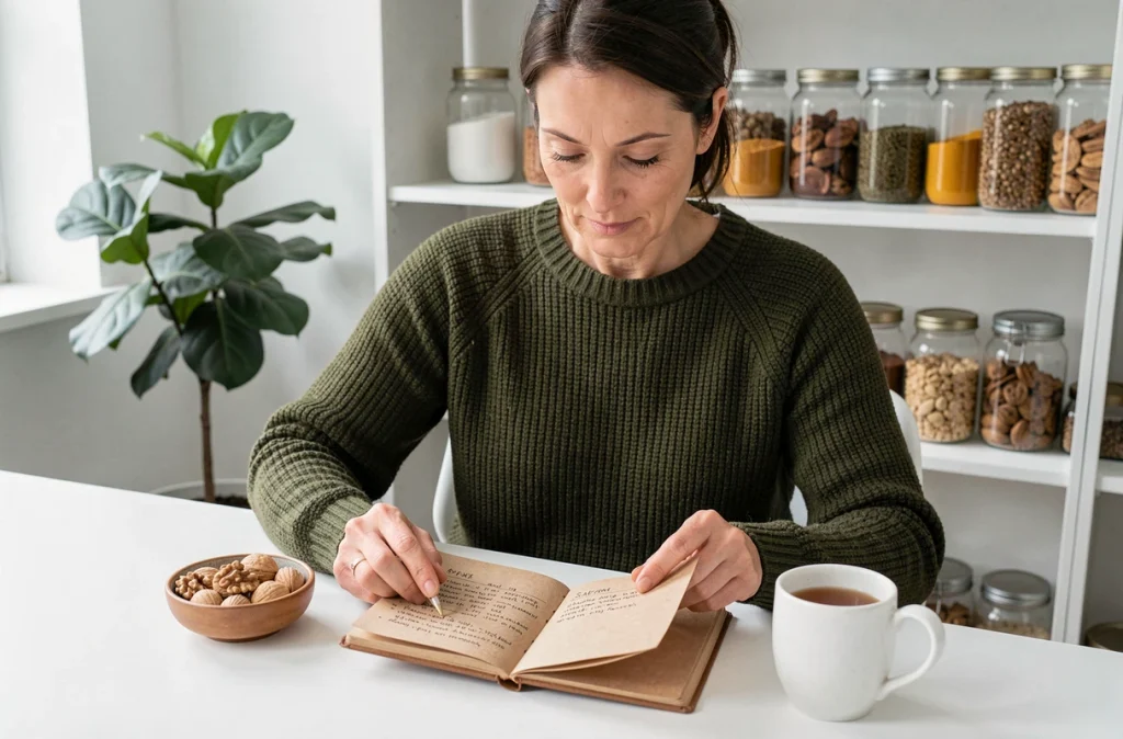 Femme planifiant ses repas saisonniers dans un journal alimentaire avec des ingrédients naturels et des légumineuses séchées