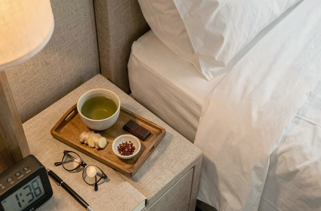 Plateau de nuit avec thé vert, gingembre, chocolat noir et piment sur une table de chevet avant le coucher