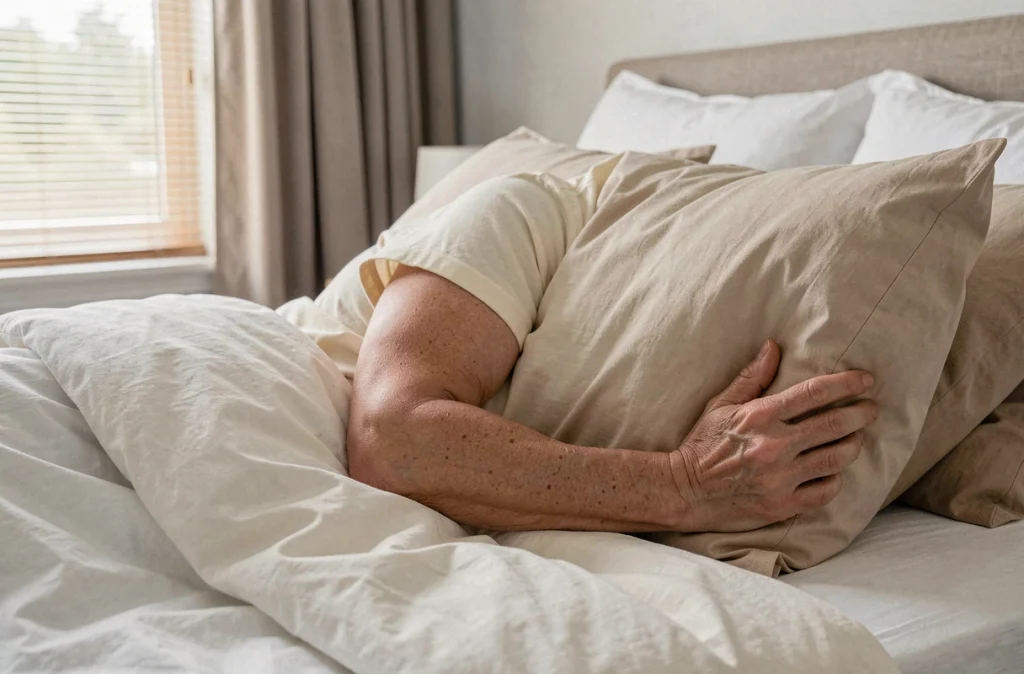 Femme allongée sur le côté ajustant la position de son oreiller pour soulager les fourmillements du bras gauche