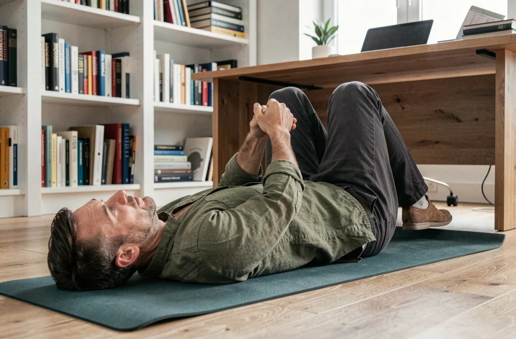 Homme allongé sur un tapis de yoga genoux ramenés contre la poitrine pour soulager les inconforts digestifs