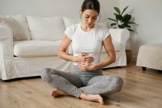 Femme assise en tailleur sur un parquet en bois pratiquant une posture de yoga pour améliorer le confort digestif