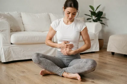Femme assise en tailleur sur un parquet en bois pratiquant une posture de yoga pour améliorer le confort digestif