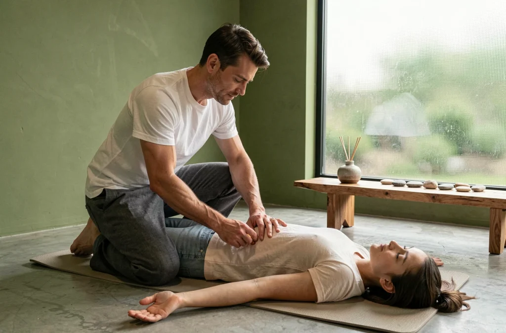 Praticien shiatsu travaillant sur les points d'acupression du bras d'une cliente allongée dans un centre de bien-être contemporain