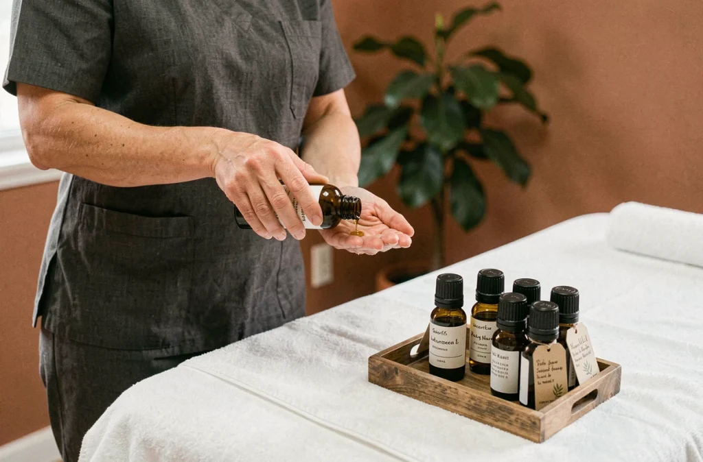 Thérapeute versant une huile essentielle minceur sur ses mains avant un massage corps en institut de soin