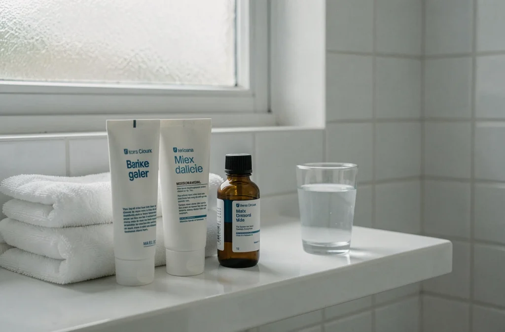 Produits hydratants et lubrifiants médicaux disposés sur une étagère de salle de bain pour le soin et le suivi post-opératoire intime
