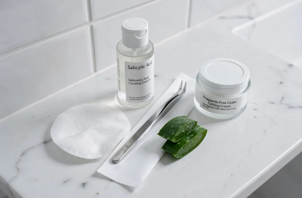 Produits de soin pour traiter un poil incarné pubien : coton, pince, crème apaisante et aloe vera sur marbre blanc
