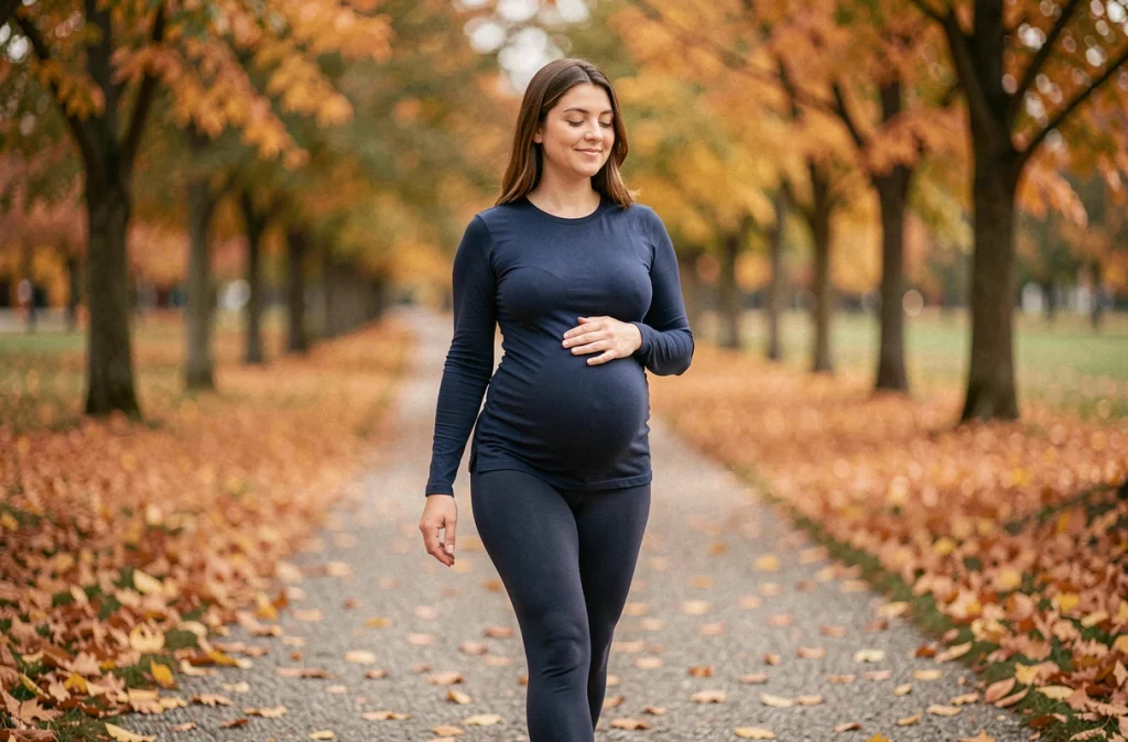 Femme enceinte se promenant dans un parc en automne pour une activité physique douce