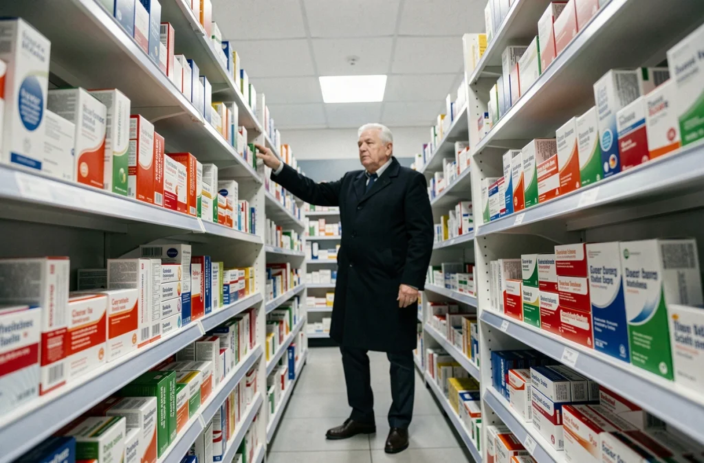 Rayon de pharmacie avec un homme hésitant devant un large choix de médicaments en vente libre, symbolisant la complexité et les risques de l'automédication