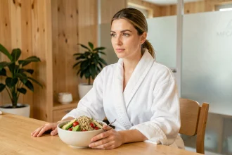 Femme en peignoir blanc devant un repas équilibré dans un centre de bien-être, illustrant le rééquilibrage alimentaire associé aux soins minceur