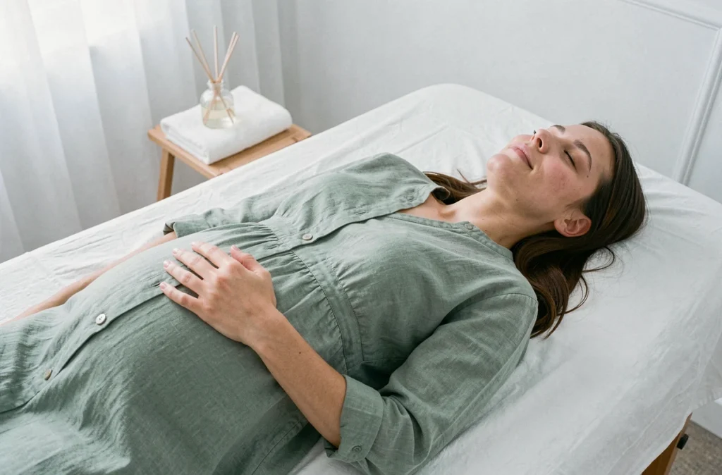 Femme enceinte allongée en état de relaxation profonde lors d'une séance de sophrologie prénatale