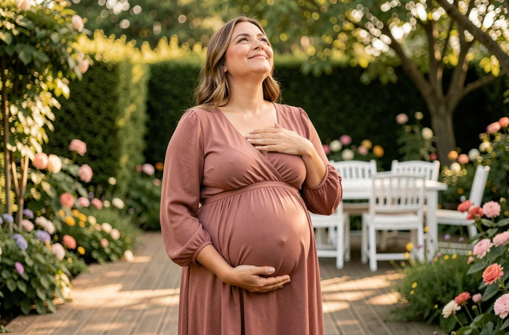 Femme enceinte debout dans un jardin fleuri pratiquant la respiration profonde en plein air dans une robe rose maxi