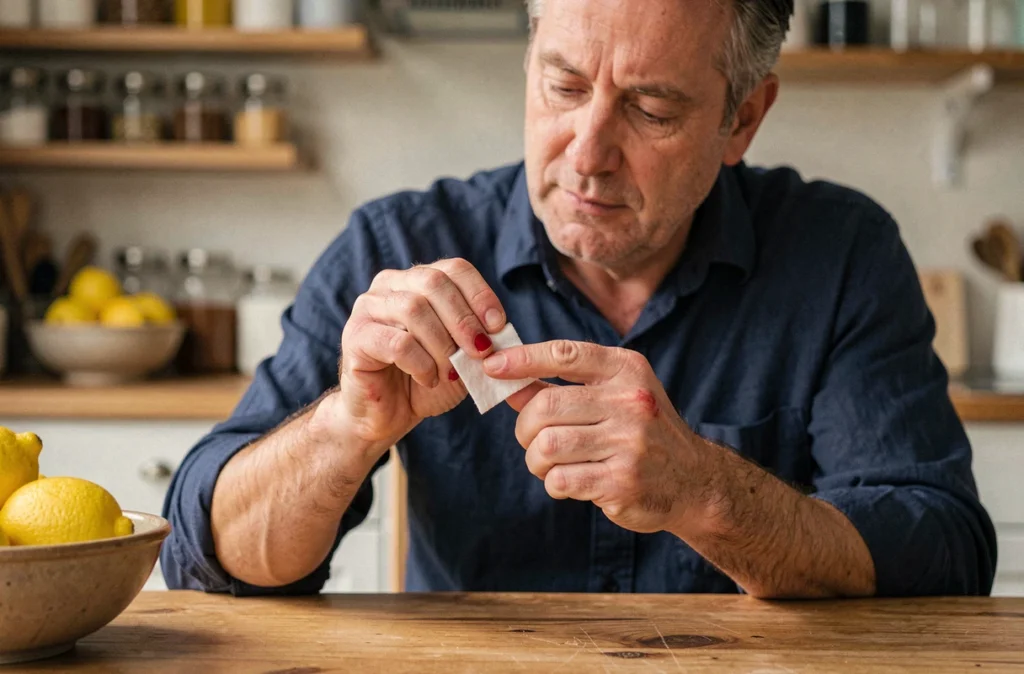 Homme appliquant un coton imbibé sur son doigt pour dissoudre de la colle forte à la maison sur une table en bois