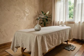 Salle de massage apaisante aménagée pour les personnes âgées, avec table rembourrée, diffuseur en céramique et plante verte