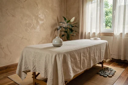 Salle de massage apaisante aménagée pour les personnes âgées, avec table rembourrée, diffuseur en céramique et plante verte