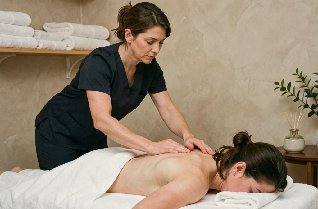 Masseuse professionnelle réalisant un massage minceur sur une cliente allongée dans une cabine de soin, dans un cadre spa élégant et apaisant