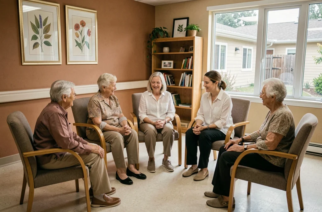 Groupe de femmes âgées participant à une séance de réflexologie guidée en maison de retraite